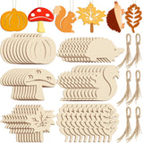 BrightRow 60 Pcs Fall Thanksgiving Unfinished Wooden Ornaments Hollow Maple Leaves Pumpkin Mushrooms Wood Cutout Assorted Shapes