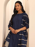 Libas Womens Woven Design Cotton Blend Straight Kurta With Trousers And Dupatta Navy Blue 2Xl