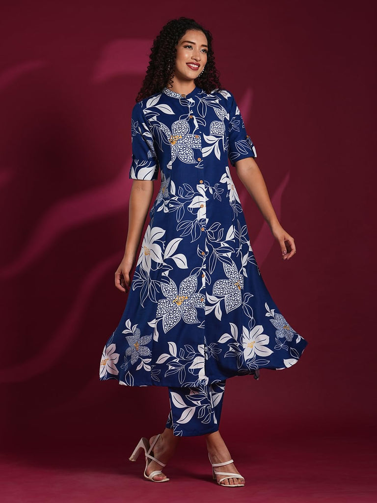 Anni Designer Women'S Rayon Viscose Straight Printed Kurta With Pant (Sunoni Blue-Vks04_Xxl_Blue_Xx-Large),Blue,2XL,,,