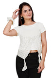 MADBORN Layered TieFront Top with Embellished Sheer Overlay | TwoinOne Round Neck Top with Scrunchie Set (White)