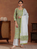 Libas Womens Printed Cotton Straight Kurta With Trousers And Dupatta Green Xs