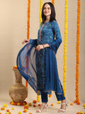 Gosriki Women'S Rayon Blend Straight Bandhej Printed Kurta With Pant & Dupatta (Turae Cerosin-Vks02-Gs_S_Dark Blue_Small),Dark Blue,,B0DJK49HDC