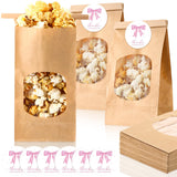 MotiMind 24 Sets Pink Bow Baby Shower Treat Bags with Window 3.54 x 2.36 x 6.7, Tin Tie Tab Lock Paper Bag for Packaging Bakery