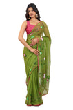 Arkia WomenS Hand Painted Chiffon Saree, Green With Floral Print, Pink Border