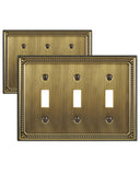 ZILLSEA Metal Wall Plates, Switch Plates and Outlet Covers, Decorative Pearl Design (3 Toggle 2PK, Antique Brass, Midsize)
