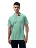 TECHNOSPORT Mens Slim Fit Color Block High Neck Half Sleeve Cotflex TShirt for Gym, Fitness & Regular Use (MTP922LGN_Lake Gr