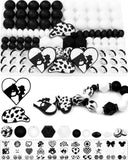 102PCS FIVEIZERO Black & White Focal Silicone Beads for Keychain Making - Cowboy, Round, Lentil, Hexagon & Rhinestone Spacer Bea