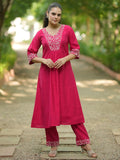 Libas Womens Yoke Design Silk Blend A-Line Kurta With Trousers Pink M