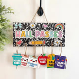 Mooliwe 6 Pcs Classroom Hall Passes Set, Composition Wooden Hanging Sign