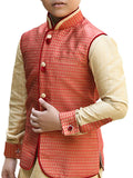 Manyavar Boys Kurta Jacket And Pajama Set, Mandarin Collar With Button Closure, Blended Silk Full Sleeve Kurta Jacket And Pajama