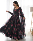 Wedani Women Floral Print Anarkali Kurta With Pant And Duptta (Small Black-2),Black-2,S,Georgette,Anarkali,Pants, Scarf