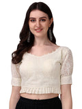 Pujia Mills Women's Georgett Lucknowi Embroidery Puff Sleeve Tie UP Blouse (Lucknowi Tie) (Off White, 38)