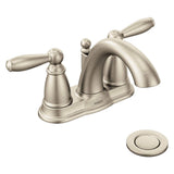 Moen Brantford Brushed Nickel TwoHandle LowArc Centerset Bathroom Faucet with Drain Assembly, 6610BN