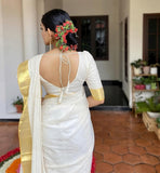 Yashika Womens Trendy Cotton Silk Saree With Blouse Material|| Pongal Special South Indian Kerala Saree With Blouse Piece||(Az-Ys-Og-Pongal Onam White),White,free Size,Cotton Silk Blend,Half & Half,with blouse piece