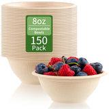 ZORRITA 150 Pack 8 oz Paper Bowls Disposable Small Compostable Soup Bowls Natural Sugarcane Biodegradable Bowls for Ice Cream, D