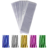 600pcs Cello Bags Kit, 300pcs 2.4x10 Long Treat Cellophane Bags Clear Bag, 300pcs Colored Ties