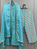 Anni Designer Women'S Cotton Blend Straight Printed Kurta With Pant & Dupatta (Uttar-Sky Blue_M_Dark Blue_Medium),Sky Blue,M,,,