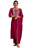 Libas Gerua Womens Yoke Design Silk Blend Straight Kurta With Trousers And Dupatta