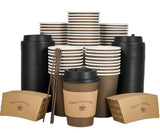 LITOPAK 100 Pack 12 oz Paper Coffee Cups with Lids, Sleeves, and Stirring Sticks for Coffee, Water, or Juice, Browm 10 Ounce Dis