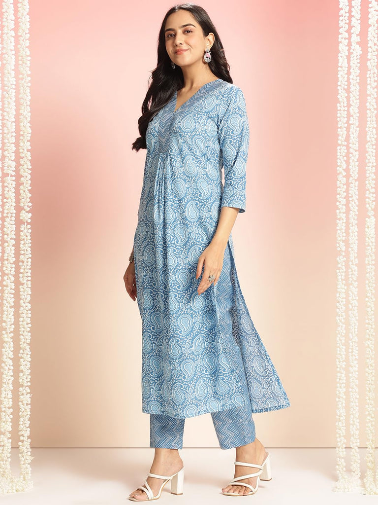 Anni Designer Women'S Rayon Viscose Straight Printed Kurta With Pant (Nikalu Blue_L_Blue_Large),Blue,L,Rayon,Regular,