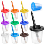 Mkobon 10 PCS No Spill Paint Cups with Colored Lids and Brushes for Kids, Spill Proof Paint Brush Cleaner Cup, Toddler Water Cup