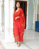 Anni Designer Women'S Cotton Blend Straight Printed Kurta With Palazzo & Dupatta (Parso Red_S_Red_Small),Red,S,Cotton Blend,Regular,Dupatta