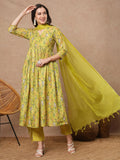 Anni Designer Women'S Rayon Viscose Printed Anarkali Kurta With Pant & Dupatta (Horizon Green-Vks01_S_Green_Small),Green,S,,,