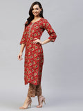 Anni Designer Women'S Cotton Blend Printed Straight Kurta With Pant (Duran Red-Nwfb08_S_Red_Small),Red,S,Cotton Blend,Regular,Pants