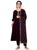 Libas Womens Embellished Velvet Straight Kurta With Trousers And Dupatta