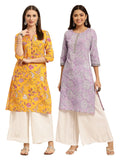 rangita Yellow & Purple 100% Cotton Knee Length Printed Straight Kurti for Women | Kurta for Women_L (Pack of 2)