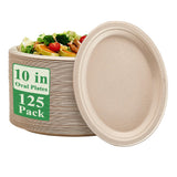 Vplus 100% Compostable Oval Paper Plates 10 inch 125 Pack Super Strong Disposable Paper Plates Bagasse Natural Biodegradable Eco