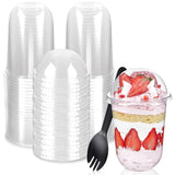 TOFLEN 50 Pack 16 oz Plastic Dessert Cups with Dome Lids (No Hole) and Sporks, Clear Disposable Yogurt Parfait Cups with Lids, I