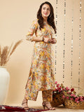 Anni Designer Women'S Cotton Blend Printed Straight Kurta With Pant (Half Yellow-Nw Medium),Yellow,M,,,