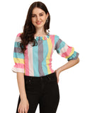 Wedani Women'S Casual Puff Sleeves Ruffled Collor Strip Top (Medium Blue),Blue,M