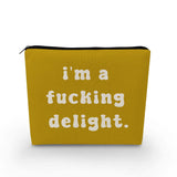 YULUENZE Funny Quote Makeup Bag Cute Small Yellow Organizer Bag Canvas Toiletry Zipper Pouch I'm A Delight Cosmetic Bag Ideal Bi