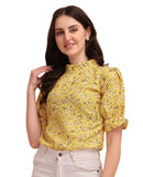 Wedani Women'S Casual Puff Sleeves Ruffled Collor Foral Top (Medium Yellow),Yellow,M