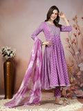 Stylum Women'S Bandhej Printed Rayon Flared Kurta Pant Dupatta Set (Kpdpurplealia42_Purple, Xl)