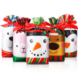 Funrous 50 Pcs Christmas Candy Treat Bags Bulk Plastic Christmas Drawstring Gift Bag Deer Snowman Penguin Christmas Party Bags f