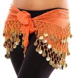 Vritraz WomenS Chiffon Belly Dance Hip Scarf Waistband Belt Skirt With128 Ringy Golden Coins 128 Orange