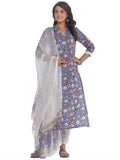 Anni Designer Women'S Cotton Blend Printed Straight Kurta With Pant & Dupatta (Silhot-Blue_L_Blue_Large),Grey,L