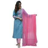 Gosriki Women'S Pure Cotton Straight Kurta With Palazzos & Dupatta (Bp Cotton-Go_Xl_Blue_X-Large),Blue,,B09TXQQ1WM