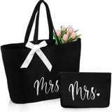 Cunno Bride Tote Bag with Makeup Bag, MRS Polyester Set for Women, Large Black, Wedding Gifts