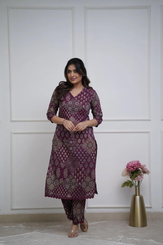 Anni Designer Women'S Rayon Viscose Straight Printed Kurta With Pant (Kadai Wine-Vks01_Xxl_Wine_Xx-Large),Wine,2XL,Rayon,Regular,