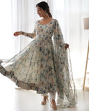 Wedani Women Floral Print Anarkali Kurta With Pant And Duptta (Small White-Beige),White-Beige,S,Georgette,Anarkali,Pants, Scarf