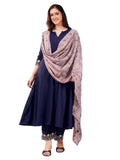 Pratham Blue Womens Silk Embroidered Anarkali Kurta Set With Palazzos and Dupatta (kurta set for women), Blue, S Plus