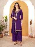 Pratham Blue Kurta Set For Women Silk Embroidered Straight Kurta Set For Women With Palazzos And Dupatta (Pb-6170-S_Purple)