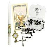 First Communion Set with Candle, Black Rosary, Lapel Pin, and Prayer Card, Catholic Gift Ideas for Boys, (4 Pack)