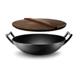 NutriChef Cast Iron Wok with Wooden Lid - Pre-Seasoned Chinese Wok for Stir-Fry, Compatible with Multiple Cooktops Including Ind