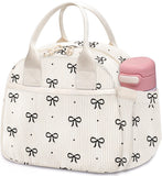 Carry bloom Lunch Box for Women, Insulated Lunch Bag Cute Corduroy Lunchbag Reusable Lunchbox for Work (cute black bow)