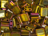 Metallic Gold Iris Tila Beads 7.2 Gram Tube By Miyuki Are a 2 Hole Flat Square Seed Bead 5x5mm 1.9mm Thick with .8mm Holes